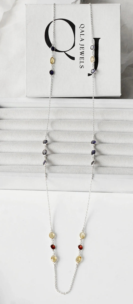 Genuine Citrine Garnet Iolite Multi Gemstone Necklace in Silver – Handmade Statement Jewelry