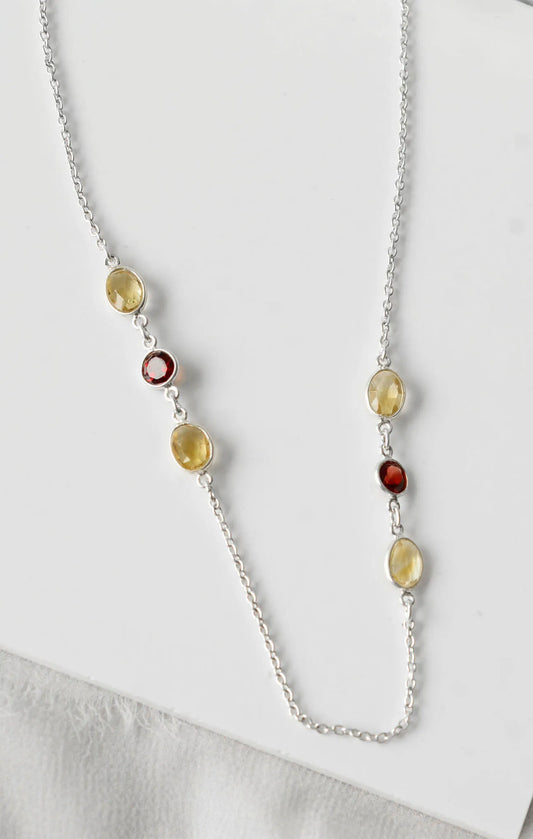 Genuine Citrine Garnet Iolite Multi Gemstone Necklace in Silver – Handmade Statement Jewelry