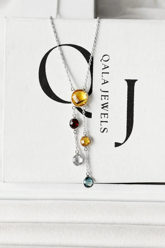 Genuine Citrine Multi Gemstone Cluster Pendant Necklace in Silver – Handmade Statement Jewelry