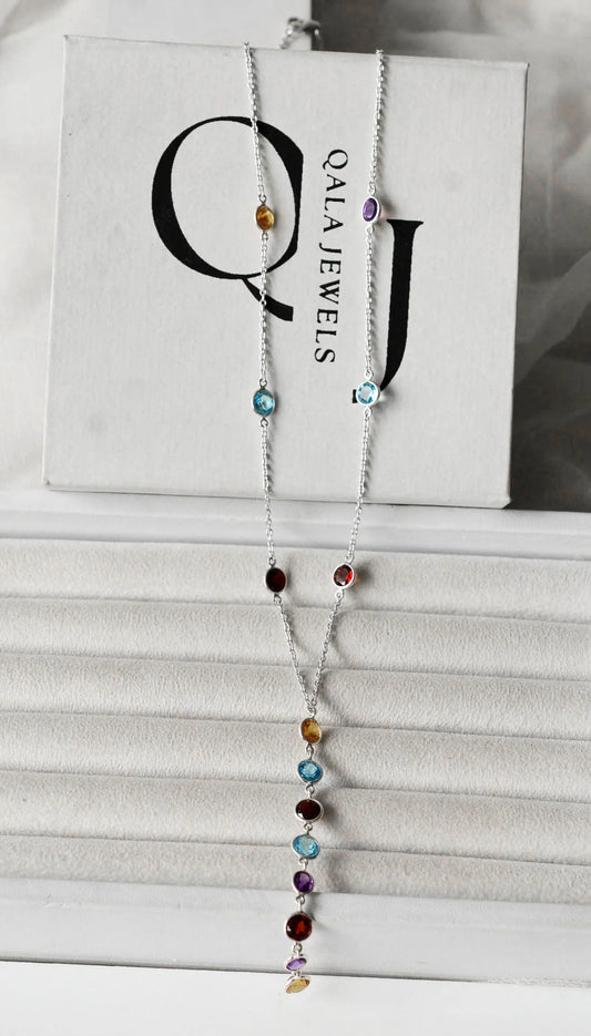 Genuine Multi Gemstone Cluster Chain Necklace in Silver – Handmade Colorful Statement Jewelry