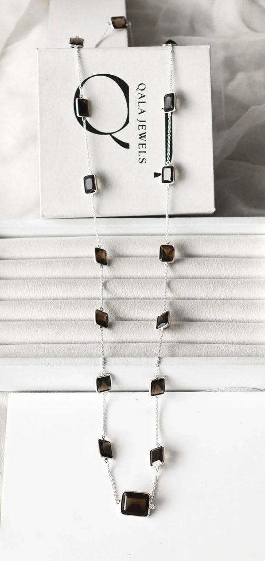 Natural Smoky Quartz Bezel Chain Necklace in Silver – Handmade Statement Gemstone Jewelry