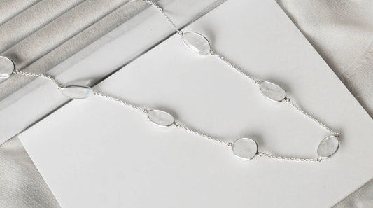 Natural Rainbow Moonstone Bezel Chain Necklace in Silver – Handmade Statement Gemstone Jewelry
