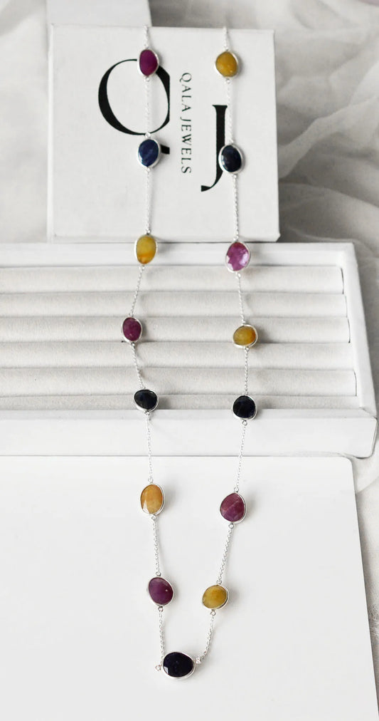 Natural Multi Sapphire Bezel Chain Necklace in Silver – Handmade Statement Gemstone Jewelry