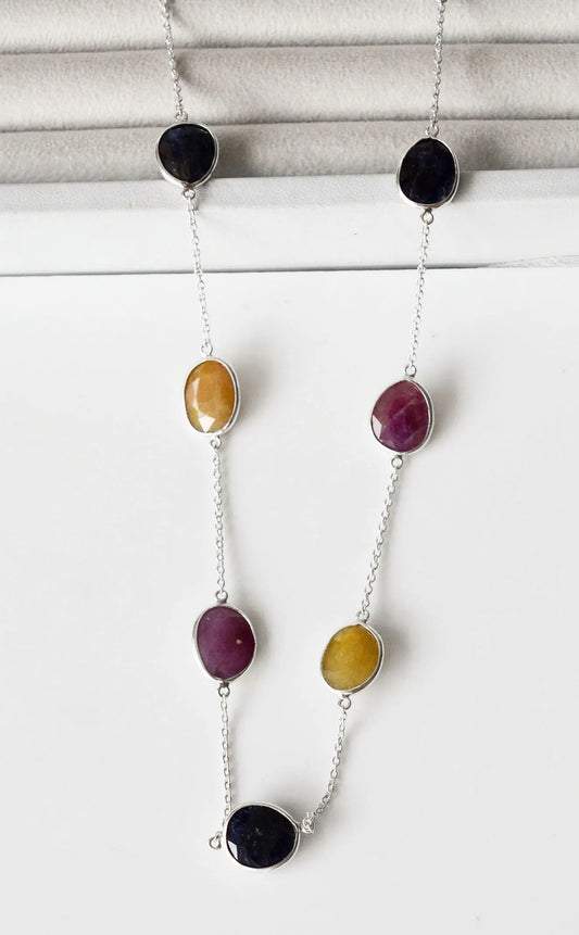 Natural Multi Sapphire Bezel Chain Necklace in Silver – Handmade Statement Gemstone Jewelry