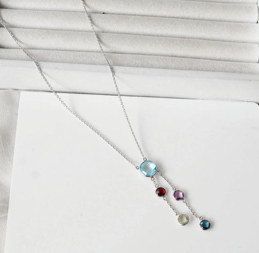 Natural Sky Blue Topaz and Multi Gemstone Cluster Necklace in Silver – Handmade Statement Jewelry