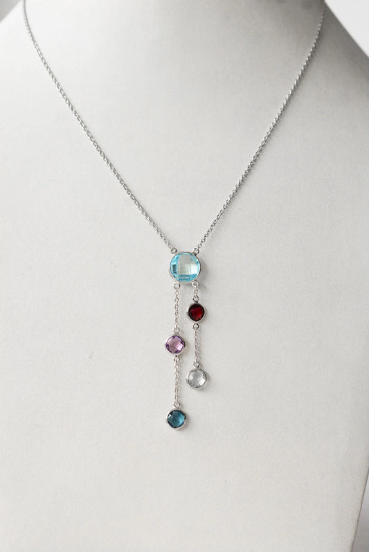 Natural Sky Blue Topaz and Multi Gemstone Cluster Necklace in Silver – Handmade Statement Jewelry