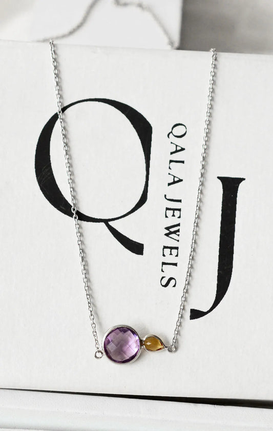 Natural Amethyst and Citrine Toi et Moi Necklace in Silver – Handmade Two Stone Jewelry