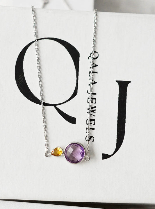 Natural Amethyst and Citrine Toi et Moi Necklace in Silver – Handmade Two Stone Jewelry