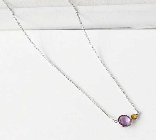 Natural Amethyst and Citrine Toi et Moi Necklace in Silver – Handmade Two Stone Jewelry