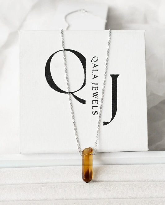 Natural Whiskey Quartz Crystal Point Necklace in Silver – Handmade Raw Gemstone Pendant