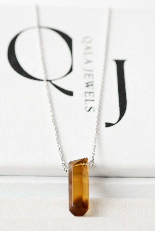 Natural Whiskey Quartz Crystal Point Necklace in Silver – Handmade Raw Gemstone Pendant