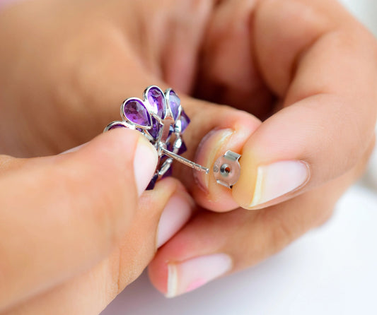 Amethyst Flower Cluster Stud Earrings in 925 Silver – Handmade Statement Jewelry