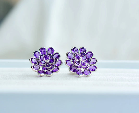 Amethyst Flower Cluster Stud Earrings in 925 Silver – Handmade Statement Jewelry