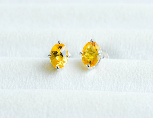 Oval Citrine Stud Earrings in 925 Silver – Sunny Solitaire Gemstone Jewelry