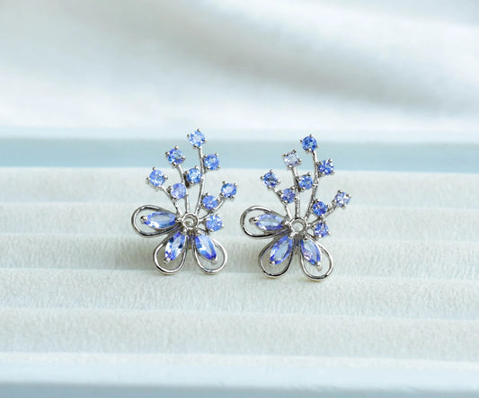 Tanzanite Cluster Stud Earrings in 925 Silver – Elaborate Statement Gemstone Jewelry