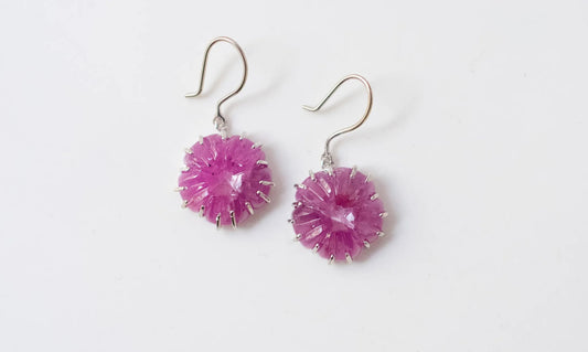 Carved Ruby Starburst Drop Earrings in 925 Silver – Handmade Statement Gemstone Jewelry