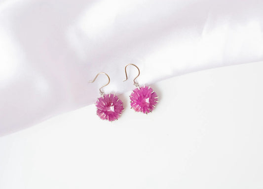 Carved Ruby Starburst Drop Earrings in 925 Silver – Handmade Statement Gemstone Jewelry
