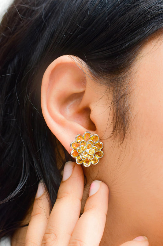 Layered Citrine Flower Stud Earrings in 925 Silver – Designer Statement Gemstone Jewelry