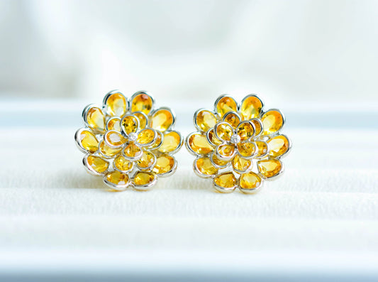 Layered Citrine Flower Stud Earrings in 925 Silver – Designer Statement Gemstone Jewelry