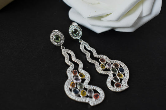 Multi Sapphire Scroll Drop Earrings in 925 Silver – Handmade Statement Jewelry