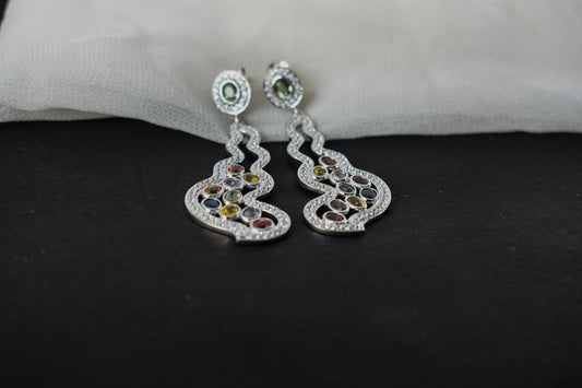 Multi Sapphire Scroll Drop Earrings in 925 Silver – Handmade Statement Jewelry
