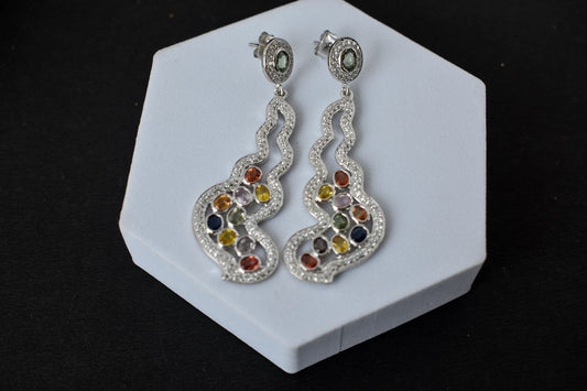 Multi Sapphire Scroll Drop Earrings in 925 Silver – Handmade Statement Jewelry