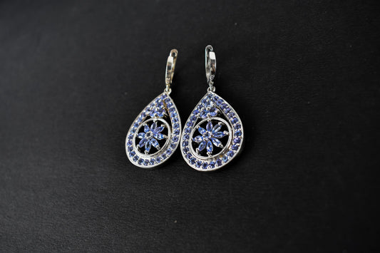 Tanzanite Cluster Pendant Drop Earrings in 925 Silver – Statement Gemstone Jewelry