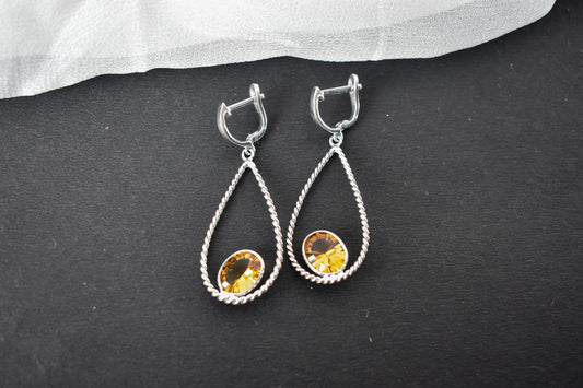 925 Silver Citrine Teardrop Earrings – Handmade Twisted-Rope Gemstone Jewelry