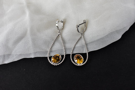 925 Silver Citrine Teardrop Earrings – Handmade Twisted-Rope Gemstone Jewelry