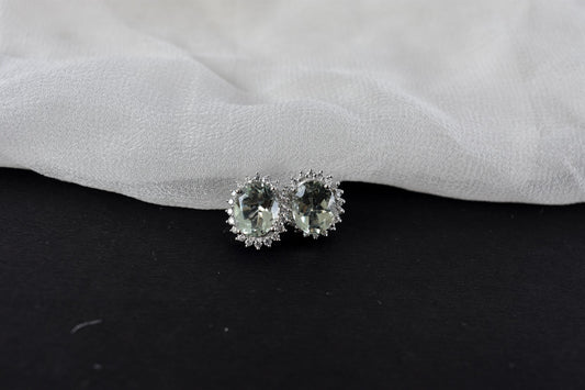 Green Amethyst Halo Stud Earrings in 925 Silver – Everyday Gemstone Jewelry