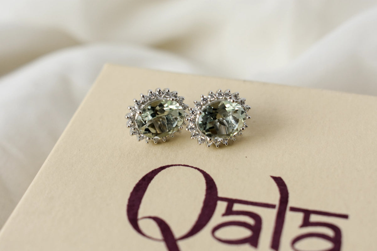 Green Amethyst Halo Stud Earrings in 925 Silver – Everyday Gemstone Jewelry