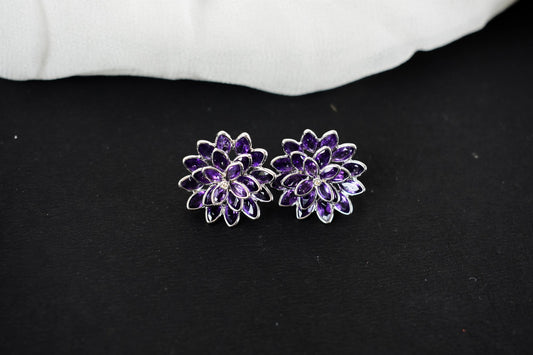 Amethyst Dahlia Statement Stud Earrings in 925 Silver – Layered Designer Jewelry