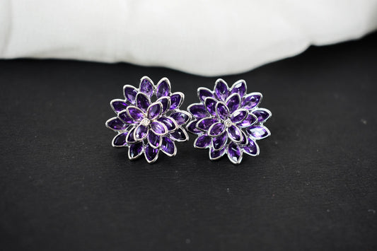 Amethyst Dahlia Statement Stud Earrings in 925 Silver – Layered Designer Jewelry