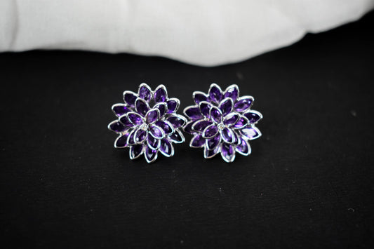 Amethyst Dahlia Statement Stud Earrings in 925 Silver – Layered Designer Jewelry
