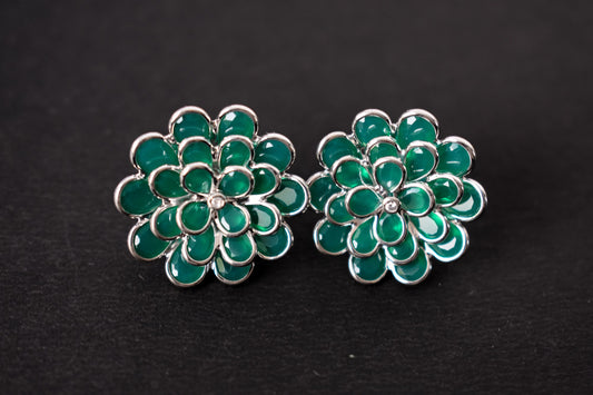 Green Onyx Dahlia Statement Stud Earrings in 925 Silver – Layered Gemstone Jewelry