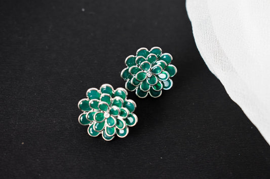 Green Onyx Dahlia Statement Stud Earrings in 925 Silver – Layered Gemstone Jewelry