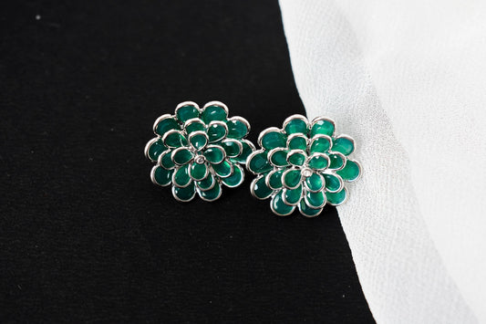 Green Onyx Dahlia Statement Stud Earrings in 925 Silver – Layered Gemstone Jewelry