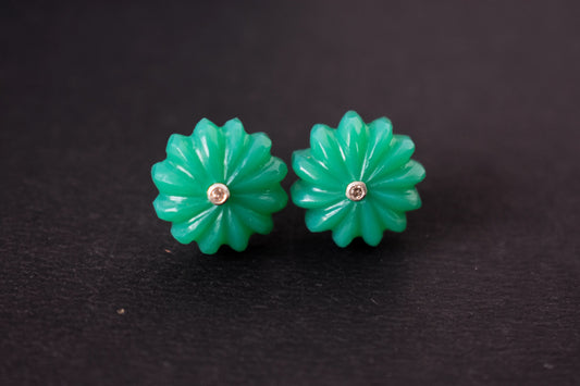 Carved Green Crystal Flower Stud Earrings in 925 Silver – Handmade Diamond Accent Jewelry