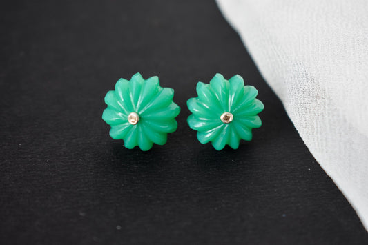 Carved Green Crystal Flower Stud Earrings in 925 Silver – Handmade Diamond Accent Jewelry
