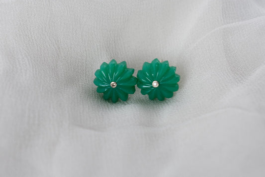 Carved Green Crystal Flower Stud Earrings in 925 Silver – Handmade Diamond Accent Jewelry