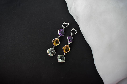 Amethyst Citrine Green Amethyst Cascade Earrings in 925 Silver – Multi Gemstone Jewelry