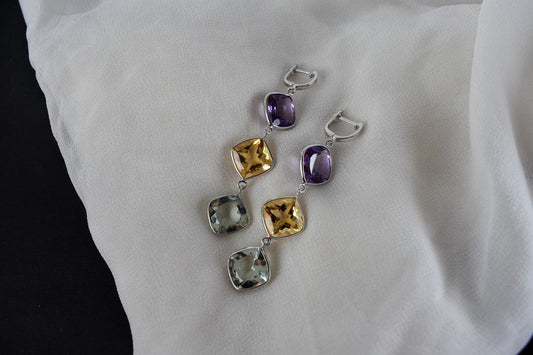 Amethyst Citrine Green Amethyst Cascade Earrings in 925 Silver – Multi Gemstone Jewelry