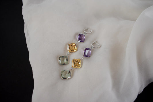 Amethyst Citrine Green Amethyst Cascade Earrings in 925 Silver – Multi Gemstone Jewelry