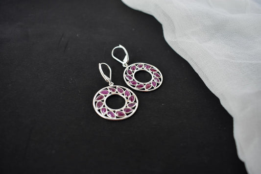 Ruby Wreath Drop Earrings in 925 Silver – Handmade Open Circle Statement Jewelry