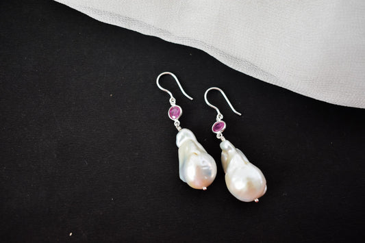Baroque Pearl Ruby Drop Earrings in 925 Silver – Handmade Everyday Fine Jewelry