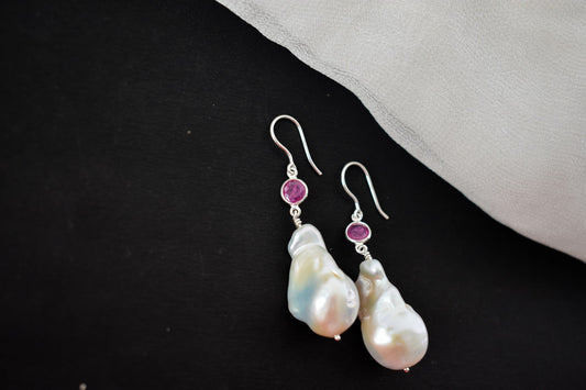 Baroque Pearl Ruby Drop Earrings in 925 Silver – Handmade Everyday Fine Jewelry