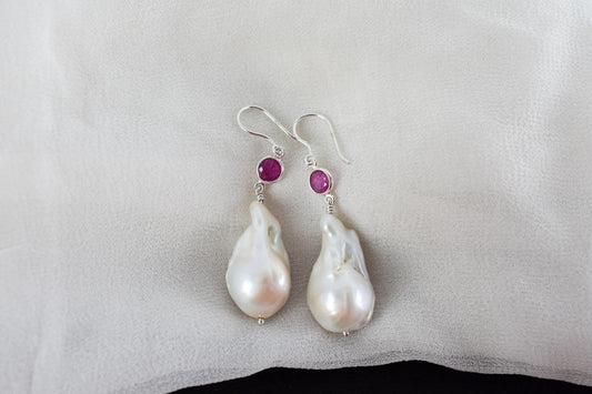 Baroque Pearl Ruby Drop Earrings in 925 Silver – Handmade Everyday Fine Jewelry