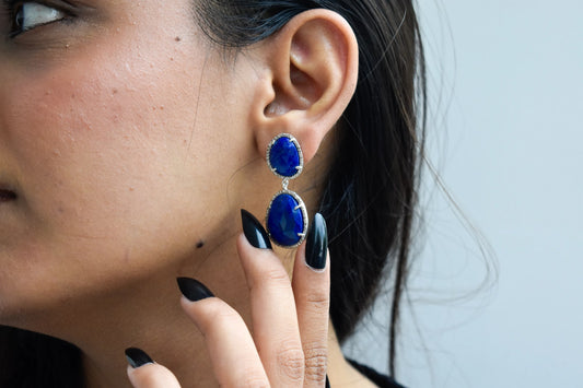 Lapis Lazuli Diamond Halo Drop Earrings in 925 Silver – Designer Statement Jewelry