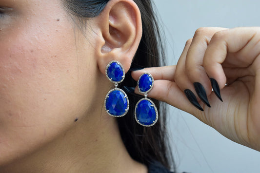 Lapis Lazuli Diamond Halo Drop Earrings in 925 Silver – Designer Statement Jewelry
