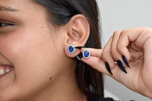 Blue Sapphire Halo Stud Earrings in 925 Silver – Classic Everyday Gemstone Jewelry
